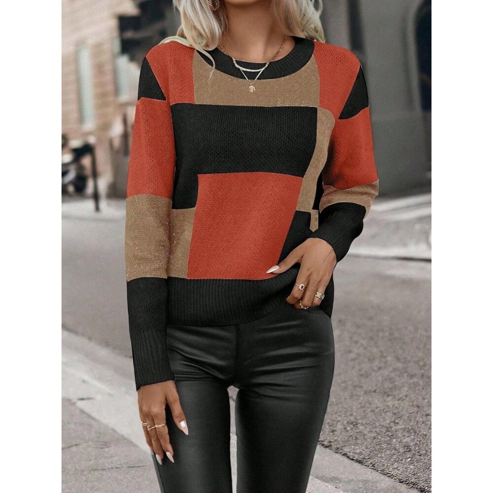 Color Block Patchwork Pullover Sweater For Women … - image 3